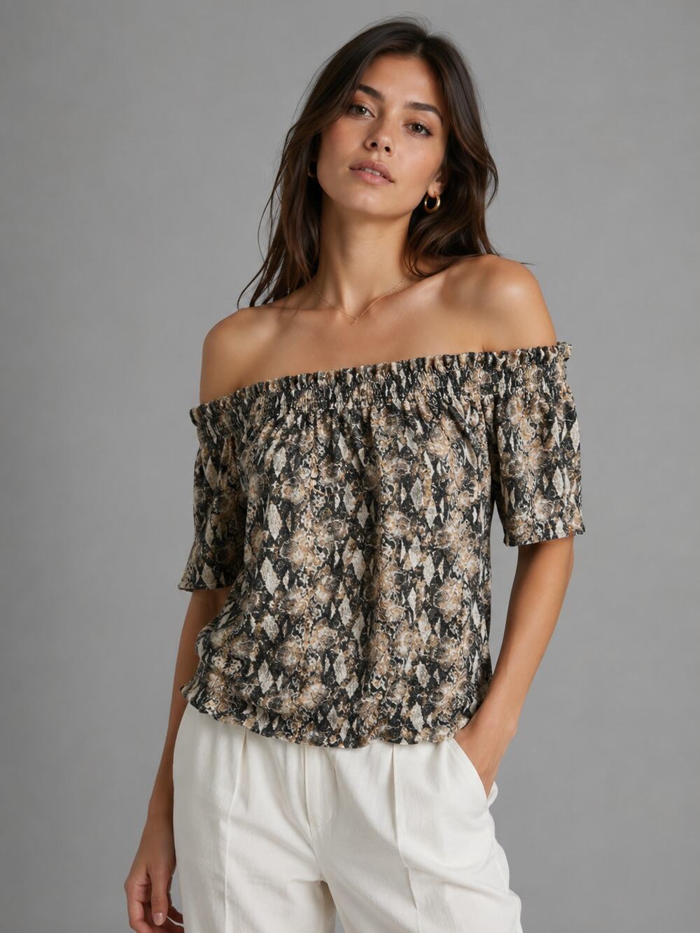 Generation Love Off Shoulder Beige Black Animal Print Blouse Boho Women Small